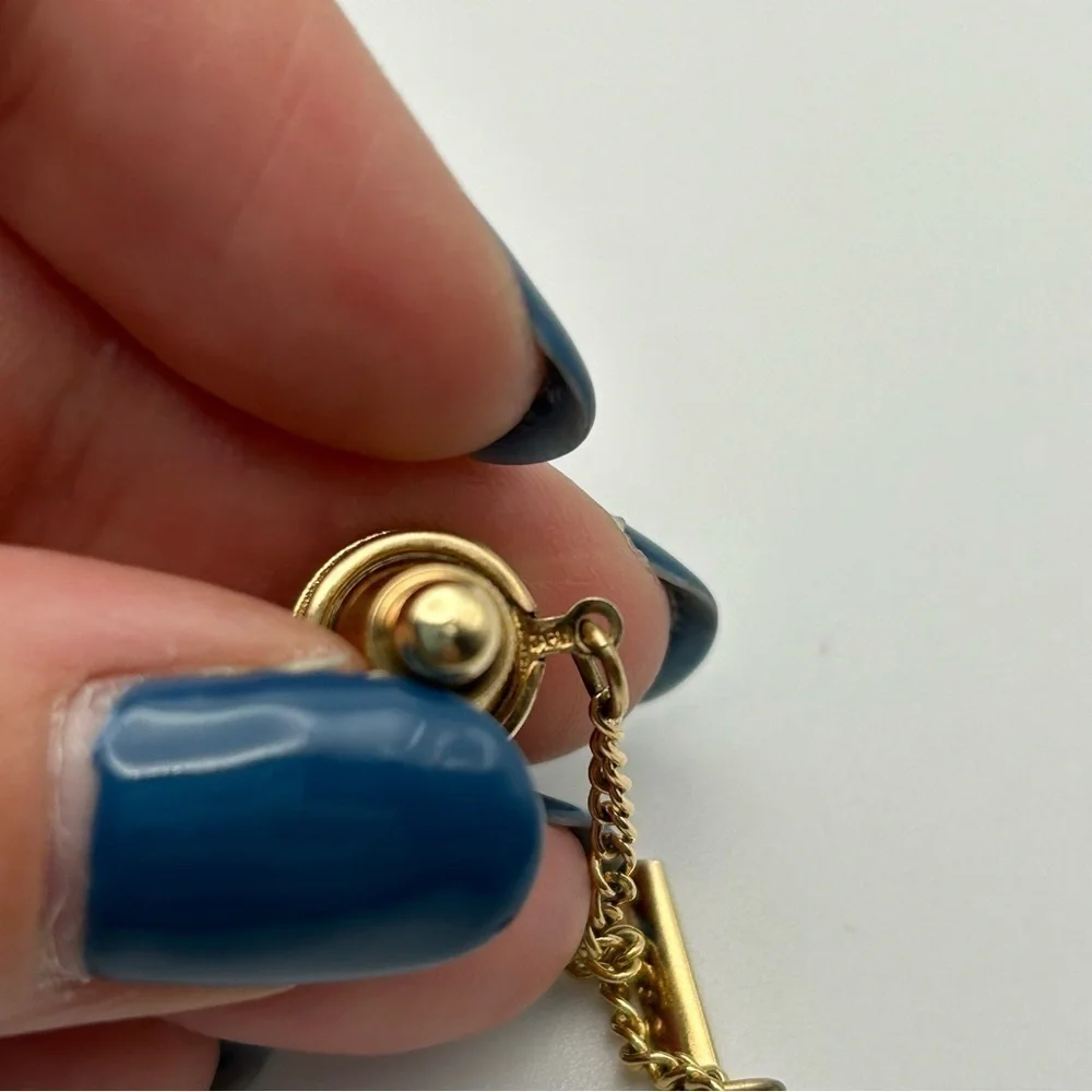 Men's Round Faux Black Stone Tie Tack with Gold Tone Chain Classic Elegant